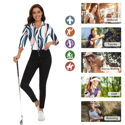 Image of Soneven Womens Golf Polo Shirts 3 /4 Long Sleeve V Neck Button Down Shirts Business Causal Work Blouses Tops