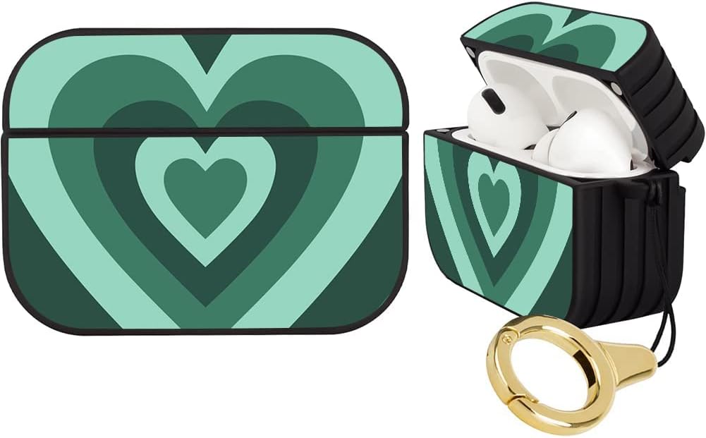 Illians OOK Black Hard Plastic Case for Airpods Pro Magnetic Lock Full Body Protective Shock-Resistance Cover Dark Green Heart Design Wireless Charging Case with Ring for Airpods Pro