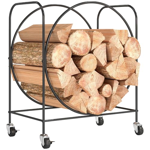 Outsunny Estante de Leña de Metal con Ruedas, Leñero Exterior e Interior, Soporte para Leña de Chimenea, Almacenamiento para Madera, 51x30x60 cm, Negro