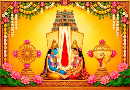 Image of srinu Vasu namnam Background | Venkateswara & Goddess Lakshmi Wedding Backdrop with Shankha, Chakra, and Pink Lotuses 6x8 Feet | Lakshmi Pooja Background