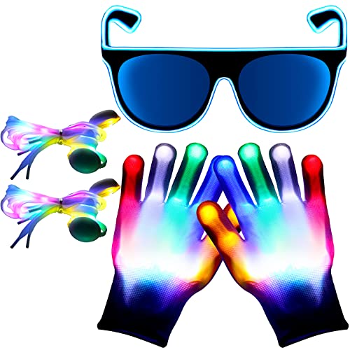 LED Light up Glasses, Gloves and Shoelaces Set, Luminous Glowing Lights Eyeglasses, Glow Gloves, Multicolor Flashing Shoe Laces for Halloween Carnival Glow Party New Year Rave Party