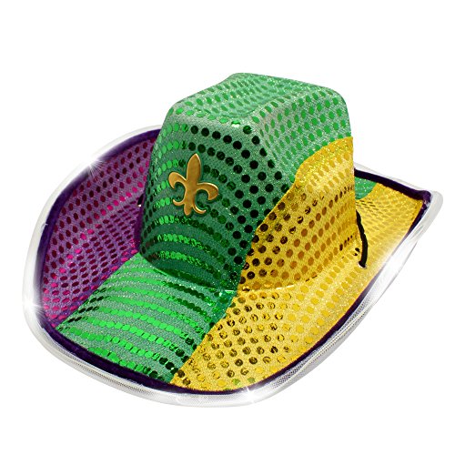 Windy City Novelties LED Light-Up Sequin Cowboy Hat – Mardi Gras Edition, Unisex Size 6 7/8, with Multicolor LEDs and Eye-Catching Design