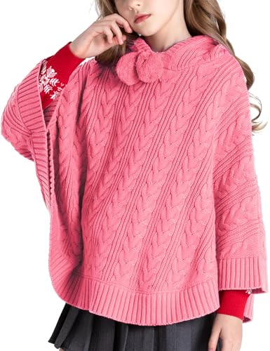 BOBOYOYO Umhang für Mädchen, Kapuzen-Poncho mit Zopfmuster,...