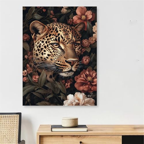 Peinture par numéro adulte léopard et fleurs, kit complet 50x70cm avec toile et 3 pinceaux