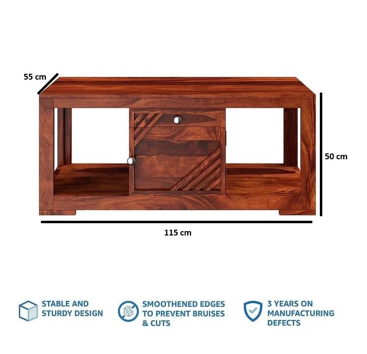 Image of Solid sheesham Wood Coffee Table for Living Room & Office|Wooden Center Table with Drawer and Door Storage Luxury and Style (Honey Finish)
