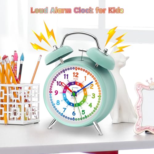 Image of Peakeep Learning Clock for Kids Time Teaching, Loud Alarm to Wake Up | 4.5 inch Twin Bell Alarm Clock Battery Operated for Teenagers Kids, Kids' Room (Aqua)