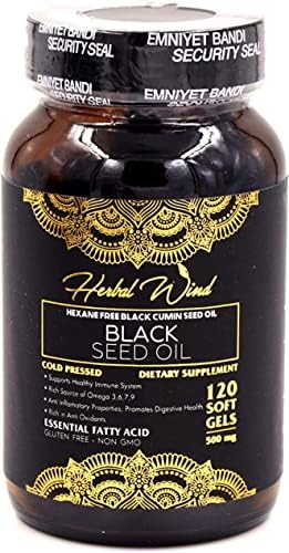 Herbal Wind Black Seed Oil Capsules - Cold Pressed Oil 120 Softgels 500mg, Premium Quality, Immune Boosting, 100% Pure Black Seed Oil - Non-GMO (Plastic Bottle)