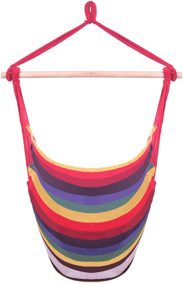 Chino Hanging Rope Hammock Chair Swing Seat, Cotton Canvas Hanging Chairs for Bedrooms, Porch Chair Outdoor with 2 Pillows (Rainbow)