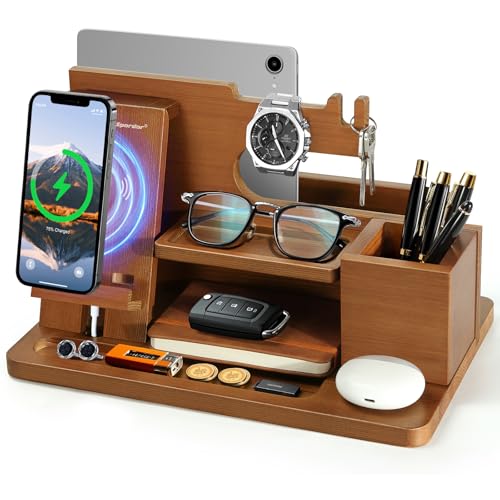 Spardar Birthday Gifts for Men, Nightstand Organizer with Wireless Charger, Storage of Purses, Keys, Mobile Phones, Ideas Gift for Husband, Him, Boyfriend, Partner Husband, Dad