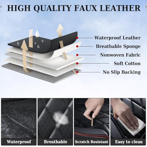 Coverado Car Seat Covers Full Set, Luxury Faux Leather Waterproof Seat Covers, Black Car Seat Covers, Universal Car Seat Protector Leather Car Seat Cushion, Carseat Cover Fit Most Cars, Black&Red by Coverado - Used condition - Image 9