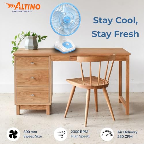 Image of Altino Premuim Powerful Oscillation Table Fan for Home & Office| High Air Delivery| Anti-Dust Decorative Star Rated Table Fan | 3 Speeds | Easy to Clean, 1 Yr Warranty (Blue White, 12 Inch)
