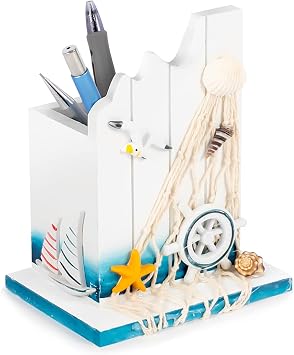 Pen Holder - Sailing Themed Pencil Organizers Wooden Desk Decor for Office 1 Pack Nautical Rudder Supplies Pen Container Mediterranean Style