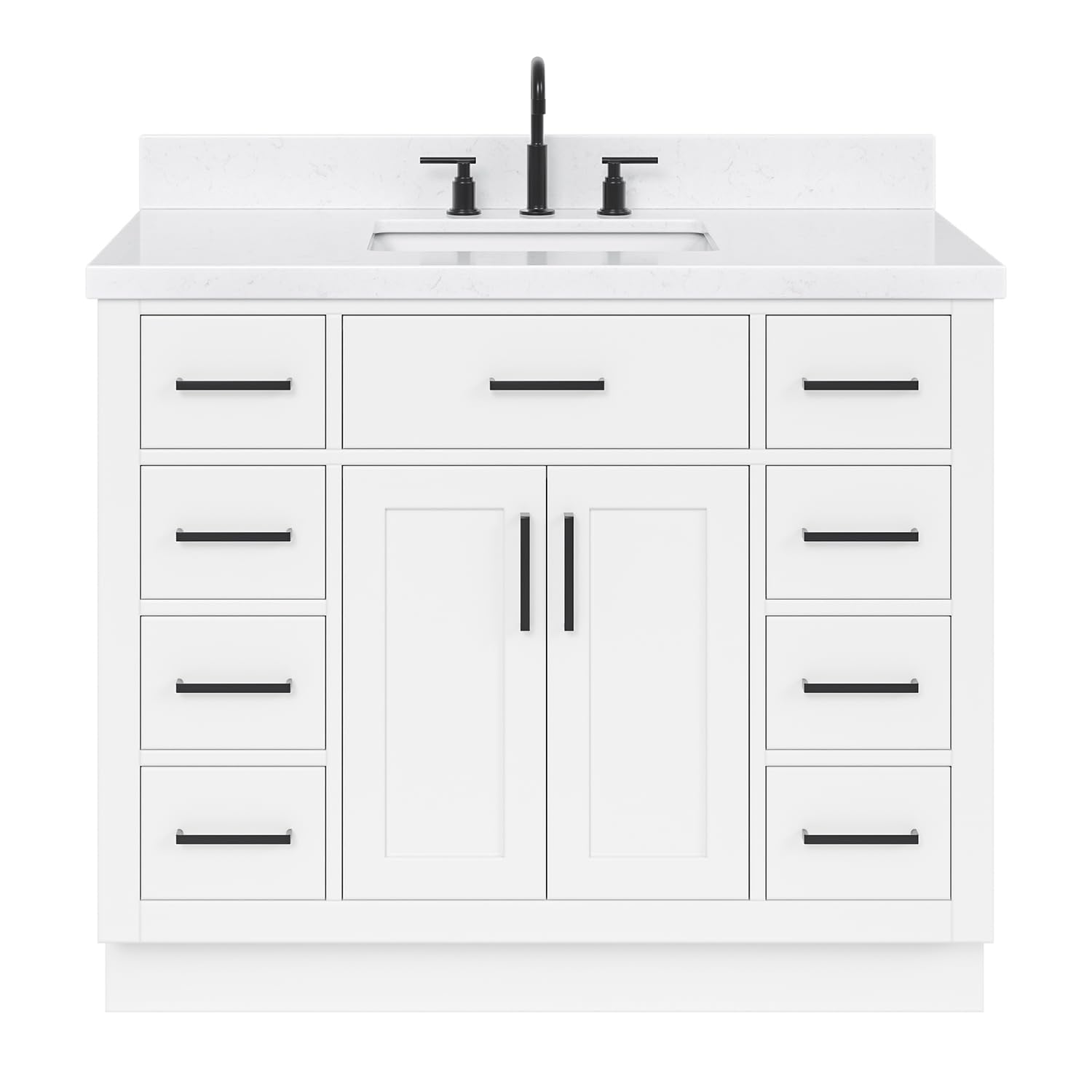 ARIEL Hepburn 42 Inch Single Sink Bathroom Vanity in White, 1.5" Edge Carrara Quartz Top, Solid Wood, Rectangular Sink, 2 Soft Closing Doors, 9 Full Extension Dovetail Drawers, Toe Kick