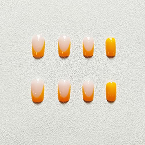 French Tip Press On Nails Square Fake Nails Medium False Nails With Design Orange Nail Tip Acrylic Nails Full Cover Glossy Artificial Nails Summer Cute Press On Nails Stick On Nails For Women 24Pcs #TOP3