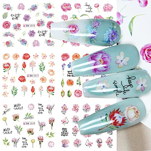 Flowers Leaf Nail Stickers Water Transfer Nail Decals Blossom Flower Leaves Designs Nail Art Supplies Floral Spring Nail Stickers For Women Girls Manicure Tip Nail Decoration #TOP2