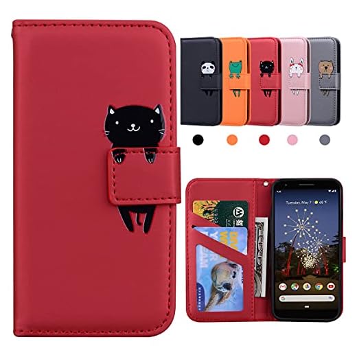 Google Pixel 3a Hülle, Handyhülle Pixel 3a, Stoßfeste Schutzhülle, Google Pixel 3a Klapphülle Tasche, Karikatur Flipcase für Google Pixel 3a (5.6"), Katze, Rot