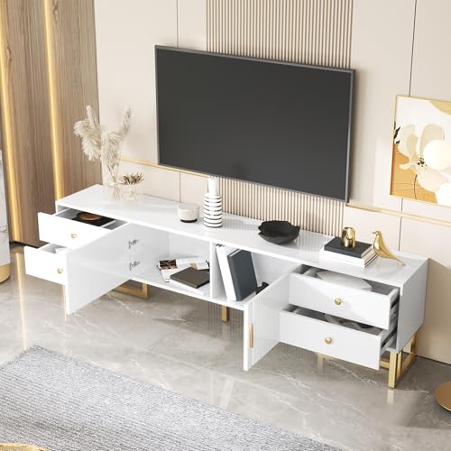 Merax 68.8" Contemporary TV Stand Cabinet with 2 Doors and 4 Drawers, Elegant Engraved Texture Entertainment Center with Gold Handles and Legs for Living Room, Soft-Close Hinges (White) by Merax - Image 8