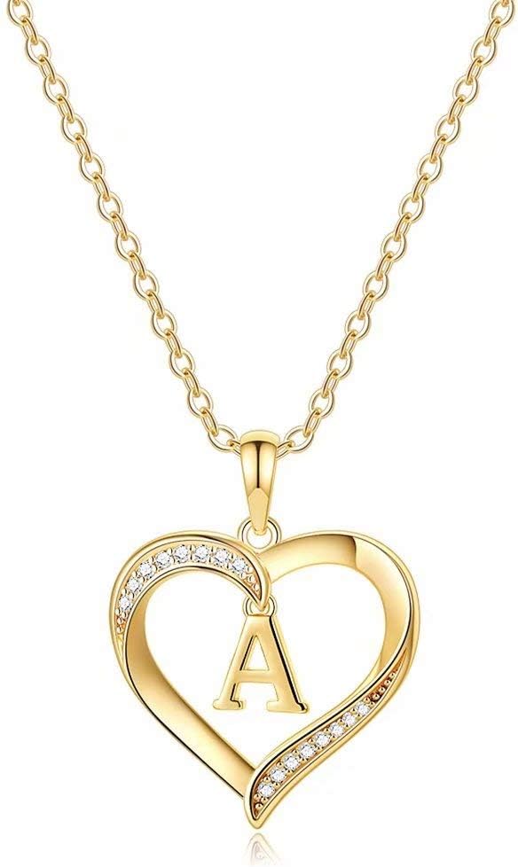 - Mothers Day Gifts - Heart Initial Necklaces for Women, 14K Gold Plated Cubic Zirconia Heart Pendant Necklace, Dainty Initial Charm Necklace Letter A to Z Jewelry for Women Girls