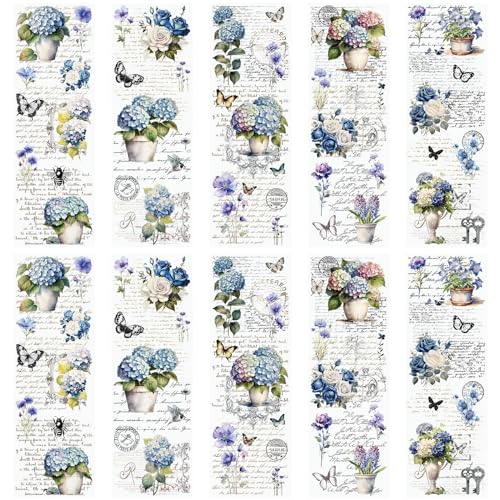WANDIC 10 Sheets Rub On Transfer Stickers Vintage Blue Floral Decals Waterproof Stickers Furniture Windows Craft Decals for Home Office,11.8 * 3.9in