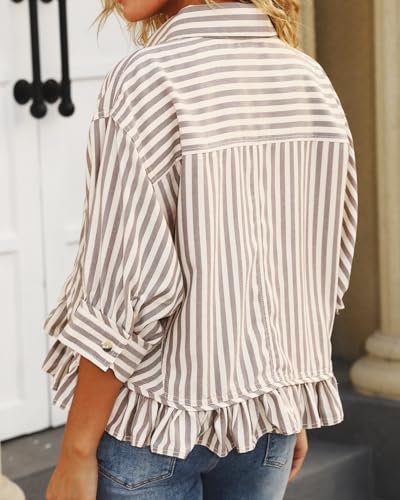 CHYRII Womens Summer Tops Dressy Casual Blouse Top Ruffled Short Sleeve Button Down Striped Shirt2