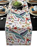 Burlap Table Runner 90 Inches Long,Rural Colored Birds Flowers Leaves Linen Dinner Table Setting...