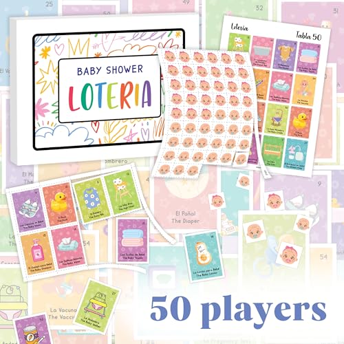 WOODAMORE Baby Shower Loteria Bilingual - Baby Shower Bingo for Babies Shower Games Spanish and English Funny Party Bingo for Girls Boys Loteria Game for 50 Players