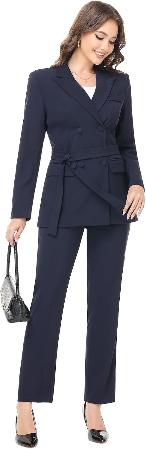Lamgool Women Double Breasted Suit with Belt Business Casual 2 Pcs Blazer Jacket with Pants Set - Image 5