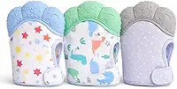 Luva Mordedor infantil para Bebê Unissex Tecido Macio e Silicone Design Colorido com Estrelas e Dinossauros Textura Massageadora Azul Verde e Cinza Cores Sortidas lavável