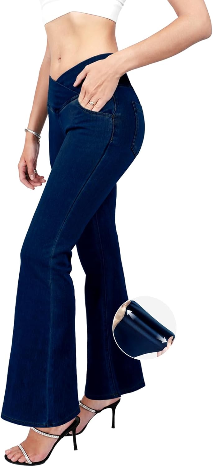Flare Bell Bottom Jeans for Women High Waisted V Cross Stretchy Leggings with Pockets Tummy Control Trendy Pull On Jeans