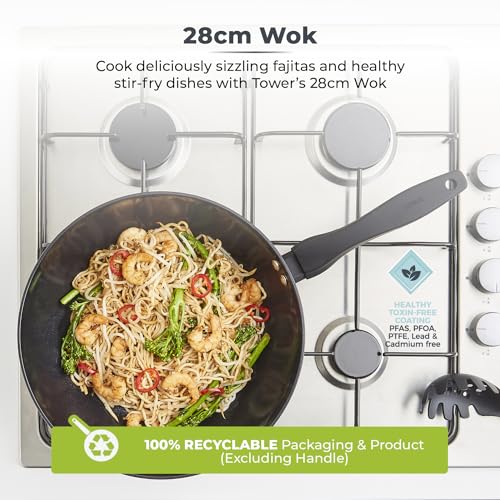 Tower T900134 Diamo Wok with Black Diamond Ceramic Non-Stick Coating and Softtex Handle, Aluminium, 28cm, Black - Image 4