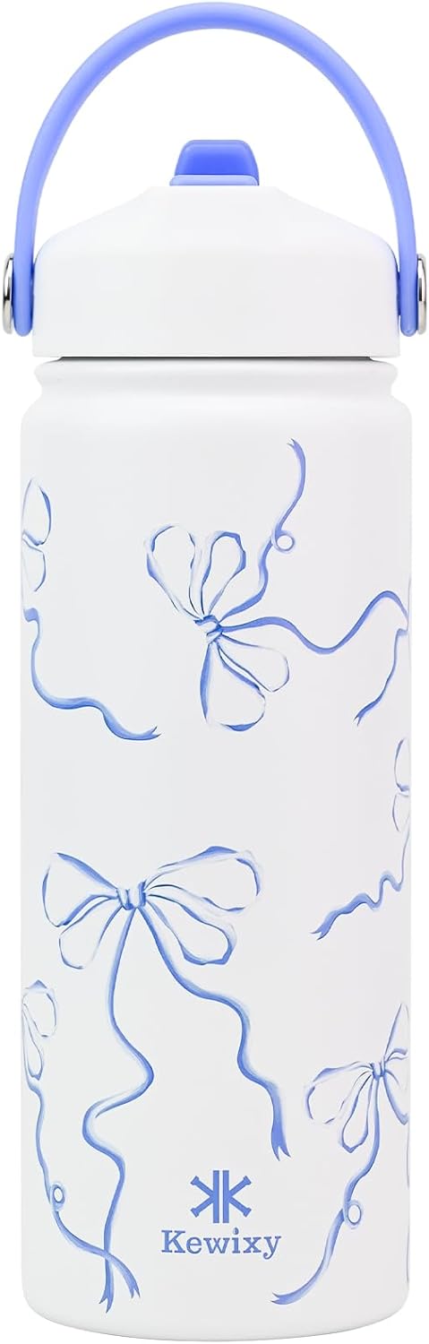 18 oz Blue Bow Water Bottle with Straw, Leak Proof, Insulated Stainless Steel with Handle, Reusable, Metal, Backpack-side Fit (Breeze Blue Bow)