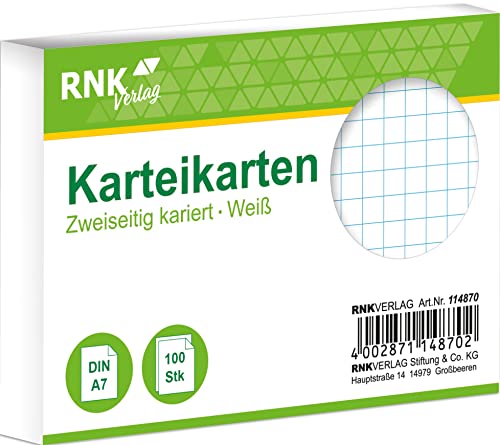 RNKVERLAG 114870 - Karteikarten kariert 5 mm, weiß, DIN A7, 1 Packung à 100 Karten