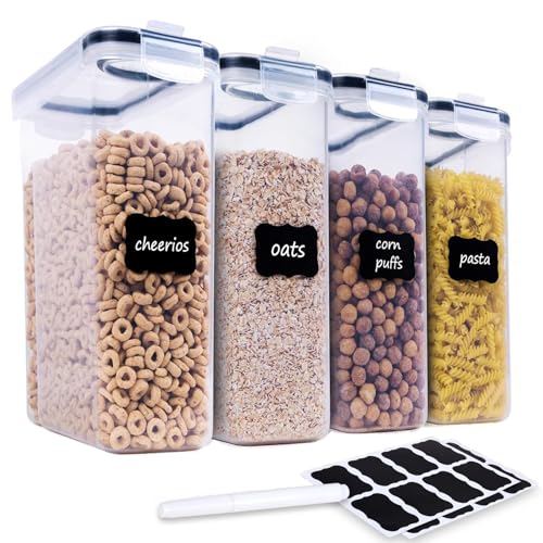 Pack of 4 2.5 L Storage Jars with Lid, BPA-Free Plastic Food Storage Containers, Transparent Airtight Kitchen Storage Box, Cereal, Pouring Container for Flour, Sugar, Spaghetti, with Label and White