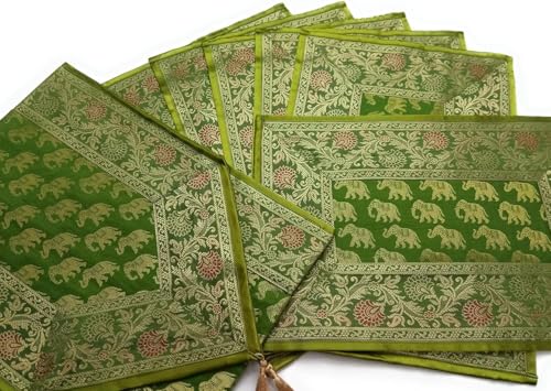 Image of Diwali Room Decor Silk Table Runner Placemats Tea Coaster Set for Living Room 4 to 6 Seater Dinning Table Table Mat Set Centre Table Top Decor Pack of 13 Pcs (Olive Green)