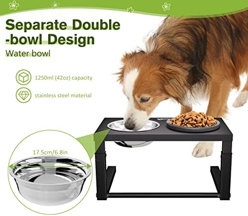 Pecute Raised Dog Slow Feeder Bowl Set, Durable Iron Feeding Stand with Adjustable Heights, Elevated Double Bowls for Small Medium Dogs (Stainless Steel Water Bowl 1250ml + Slow Eating Bowl 600ml)