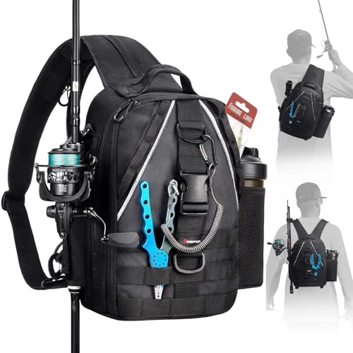Piscifun Fishing Backpack with Rod Holder, Lightweight Sling Tackle Bag Storge Gear and Equipment, Standard Black