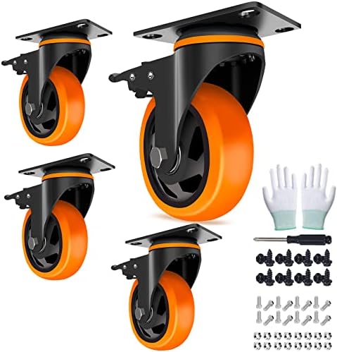 4 Inch Caster Wheels with Brake 2200lbs, Casters Set of 4, Heavy Duty Casters,Industrial Polyurethane Casters with Double Ball Bearings, Top Plate Swivel Castors Wheels for Furniture,Workbench,Cabinet