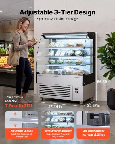 Image of VEVOR Open Air Merchandiser, 7.5 cu. ft. 3-Tier Shelving Commercial Refrigerator, Grab and Go Fan Cooling Display Cooler, with LED Lighting, Night Curtain, Upright for Restaurants, Stores, Office