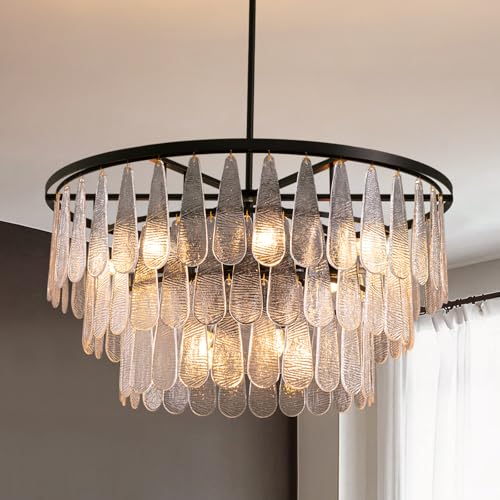 Siljoy Modern Mable Textured Glass Chandelier, 31.5" Large Black Glass Chandeliers for Dining Room, 12-Light Hanging Pendant Light Fixture, 3-Tier Round Crystal Chandelier for Bedroom Living Room