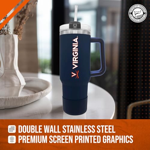 Image of Campus Colors College & University 40 oz Travel Tumbler With Handle - Dual Option Lid With Straw - Vacuum Insulated Stainless Steel (Virginia Cavaliers - Navy)