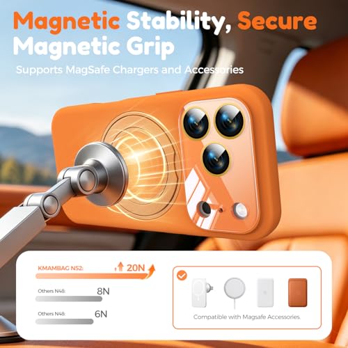 Image of Silicone 360 Spin Magnetic Stand Case for iPhone 17 Pro Max, [Compatible with Mag-Safe][Reinforced Hard Camera Protection] Liquid Silicone Rubber Phone Cover with Ring, Camera Button, Orange