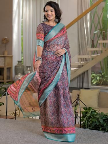 Image of Satrani Women's Linen Printed & Embroidery Ready To Wear Saree with Unstitched Blouse Piece