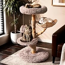 Sopapets Solid Wood Cat Tree for Large Cats, 41.3" Modern Cat Tower with Heavy Duty Real Branch & Hand-Woven Basket, Sisal Scratching Posts & Cozy Bed, Luxury Furniture for Indoor & Maine Coon, Beige