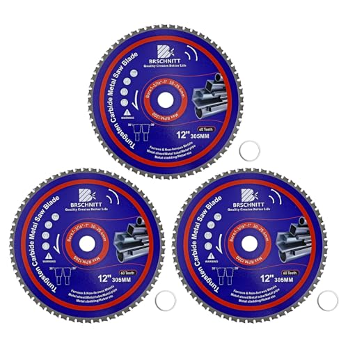 12" Metal Cutting Circular Saw Blade - BRSCHNITT 3pcs Tungsten Carbide Tipped TCT Saw Blades for Iron, Iron Pipe, Ferrous Metals 60T Arbor:1-3/16"/1"