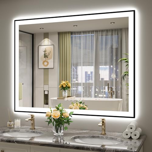 Image of 51x40 Inch LED Bathroom Mirror with Lights (Front Lit and Backlit) Black Framed Lighted Vanity Mirror for Bathroom Wall Dimmable Anti-Fog Memory Tempered Glass Horizontal /Vertical