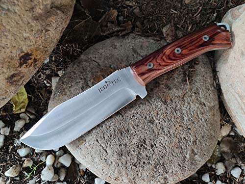 Jeo-Tec Nº45 Bushcraft Survival Camping Hunting Fishing Knife,11" Overall, Mova-58 Blade, Genuine Leather Multi-Position Sheath + Firesteel + Sharpener Stone, Handmade #TOP7