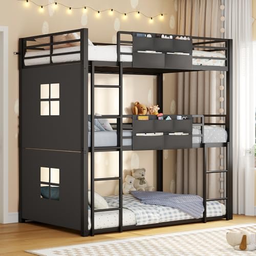 ADORNEVE Triple Bunk Bed for Kids with Play Curtain,Twin Over Twin Over Twin Metal Bunkbeds with Ladder & Safety Guardrail, 3 Bunk Bed with 2 Storage Pockets for Small Bedroom, Easy Assembly