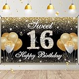 HTDZZI Happy 16th Birthday Decorations for Boys Girls - Black Gold 16 Birthday Backdrop Banner, Yard Sign, Photo Booth Props - Sixteen Birthday Party Decor Supplies in Fabric Material, 6.1 x 3.6 ft