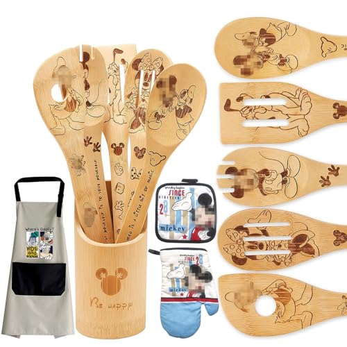 Wooden Spoons for Cooking,Cartoon Bamboo Spoons Utensils Set Kitchen Decoration with Apron Oven Mitt Potholder,Birthday Gifts Anniversary Present for Women Friends 9PCS by BOZICRE - Used condition - US$23.74