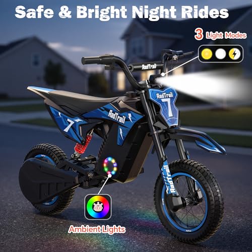 36V Electric Dirt Bike for Kids, 700W Peak Electric Motorcycle, 3 Speeds, 15.5 MPH & 13.7 Miles, Headlight & Rainbow Ambient Lights, Pro Suspension Off-Road Ride On Gift for Kids Ages 5-10, Blue